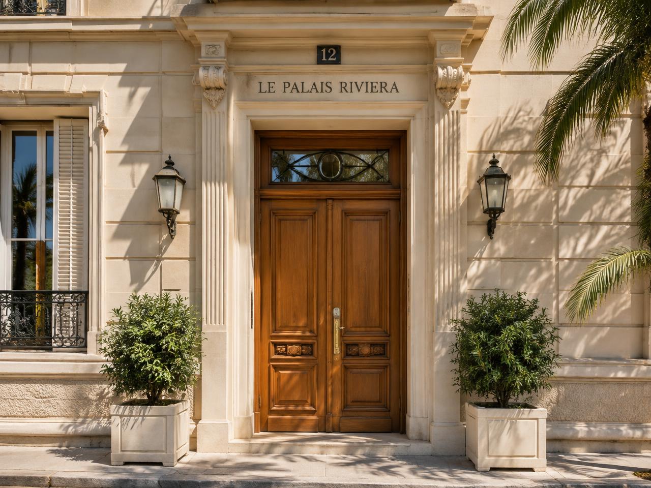 Porte d'entrée en bois d'un immeuble de la Côte d'Azur